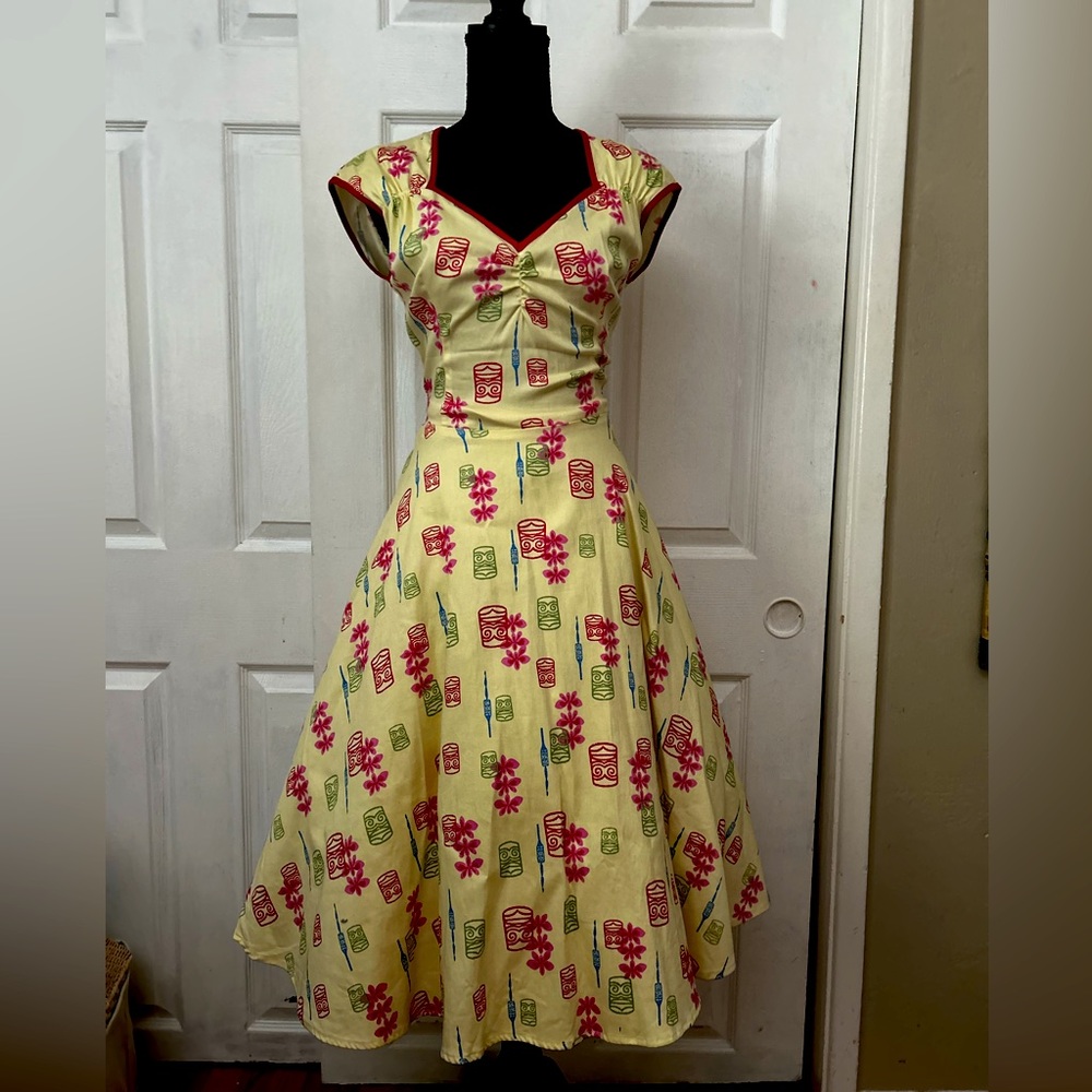 Yellow tiki print pinup couture swing dress